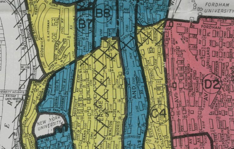 A section from a Home Owner's Loan Corporation map of the Bronx. Green was good (white). Yellow was iffy (mixed). Red was a place to avoid.