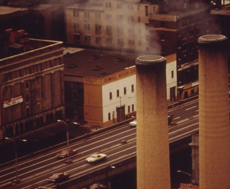 Brooklyn 1973: Power plant smokestacks, the BQE and the neighborhood around it.
