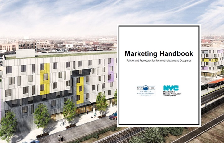 Artist's rendering of a new affordable development called Van Sinderen Plaza. HPD's Marketing Handbook, inset, tells affordable housing developers how to implement policies like community preference.