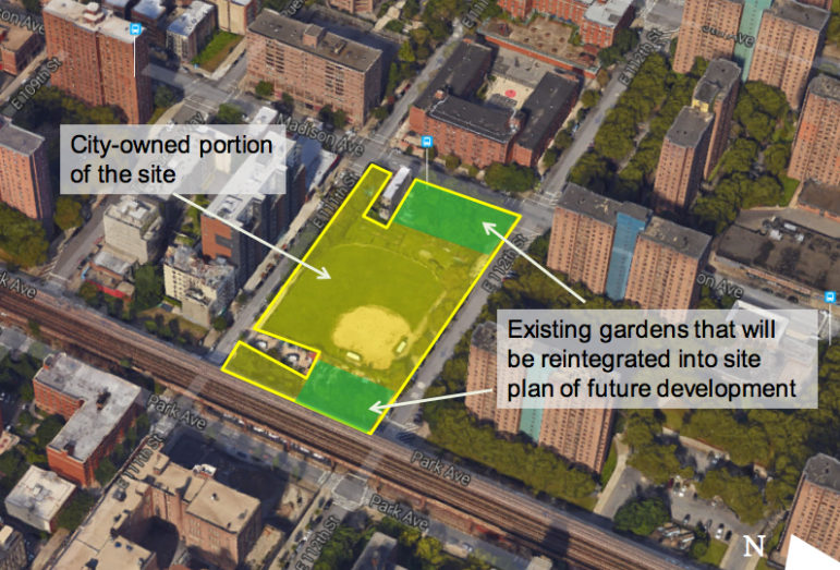 A diagram from HPD literature about potential uses for a publicly owned site on 111th Street in East Harlem.
