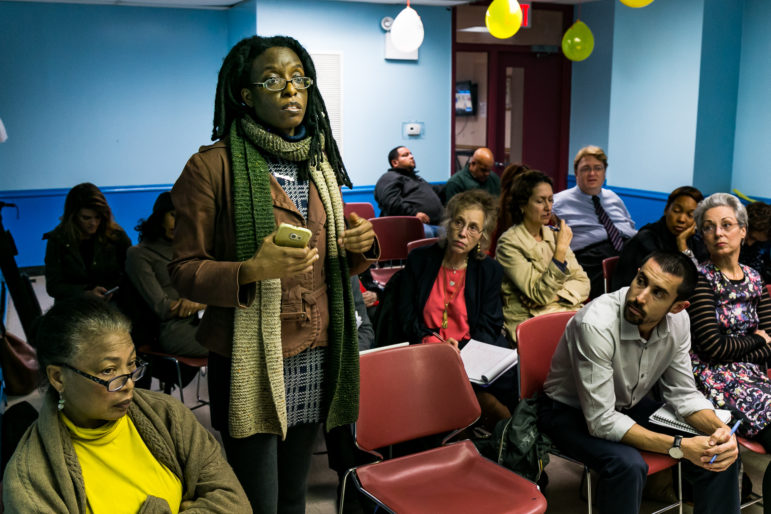 Marie Winfield. asking a question during the Department of City Planning's presentation of it's draft rezoning framework for East Harlem at Community Board 11's Land Use, Landmarks & Planning Committee meeting on November 9th.