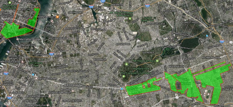 Figure shows approximate rezoning areas. From left to right: Chinatown Working Group plan, De Blasio's East New York plan, Bloomberg's 2013 Ozone Park plan (the Ozone Park plan appears as two adjacent separate shapes on this map).