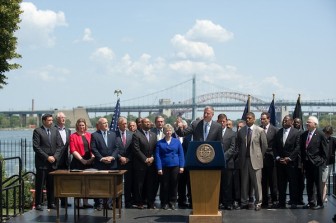 Mayor de Blasio hosts big-city mayors from around the country at Gracie Mansion in August 2014.