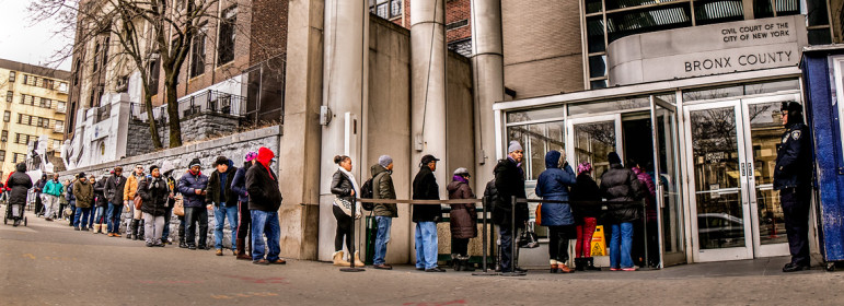 A long line of tenants waiting to enter is a daily sight outside Bronx housing court. Most will never meet a lawyer not working for their landlord.