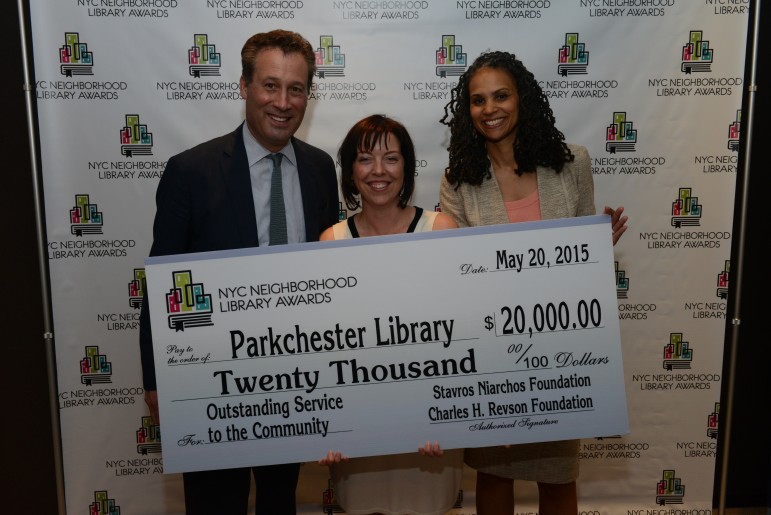 Anthony Marx, President of the New York Public Library; Parkchester Library Manager Wendy Archer; and, Maya Wiley, Counsel to Mayor Bill de Blasio.
