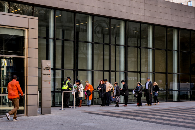 The line outside 26 Federal Plaza one morning in 2015.  it is one of two locations in the city where immigration hearings are held.