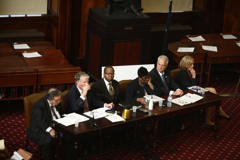 DA Kenneth Thompson, third from left, testifying before the City Council's public safety committee earlier this month along with, from left to right, Queens' Richard Brown, Manhattan's Cyrus Vance, Darcel Clark of the Bronx, Michael McMahon of Staten Island and special narcotics prosecutor Bridget Brennan.