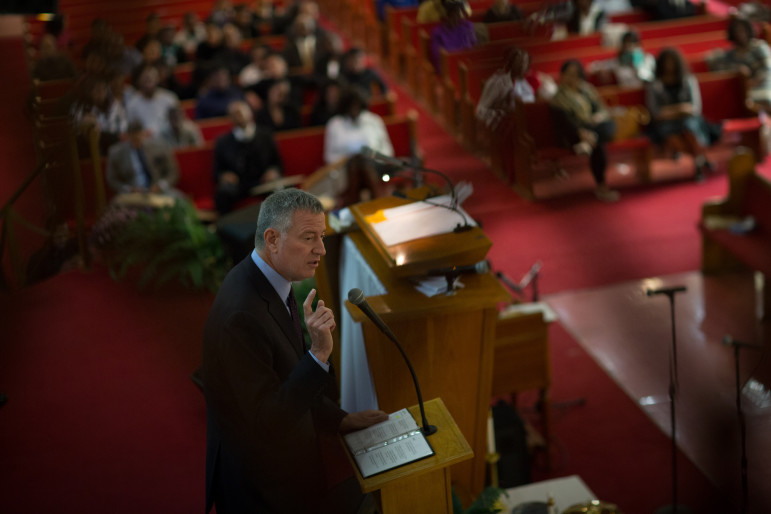 Mayor de Blasio speaks at Calvary Baptist Church in Queens on Sunday. His housing plan is faced with a challenge common to such initiatives: Should the city aim to generate more apartments, or emphasize creating units that affordable to poorer people?