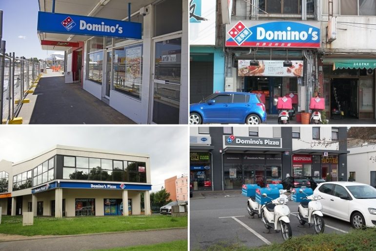 Domino's around the world (clockwise from top left): New South Wales, Australia;  Taichung, Taiwan; Wuppertal, Germany; and the suburbs of Paris 