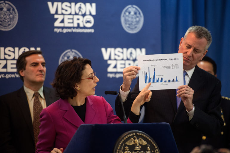 Mayor de Blasio at a briefing about the first two years of Vision Zero. The author argues that during those first years, the NYPD has ignored the most dangerous illegality on the city's streets.