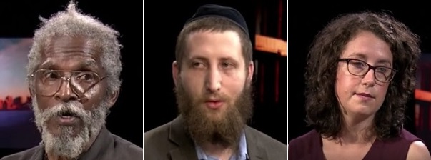 From left to right, Richard Greene, founder and CEO of the Crown Heights Youth Collective, Rabbi Mordechai Lightstone, a resident active in the area's Jewish community, and Maura Ewing, a freelance journalist.
