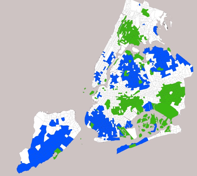 This map by scholar Daniel Kay Hertz depicts areas of the city where less than 2 percent of the population is white (green) or black (blue).