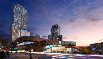 Rendering of the Nets arena and first three buildings due to be built on the Atlantic Yards site.