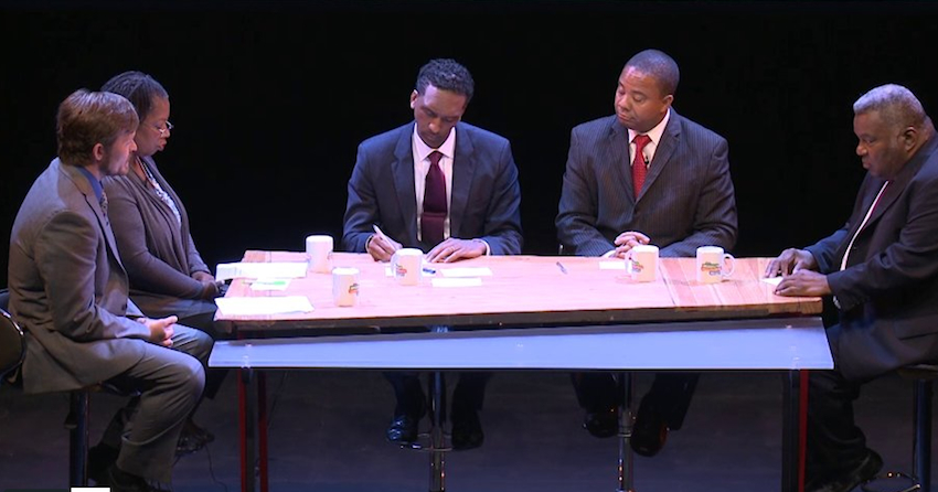 From left, moderators Jarrett Murphy and Esmeralda Simmons and candidates Rubain Dorancy, Jesse Hamilton and Guillermo Philpotts at the August 12th debate.
