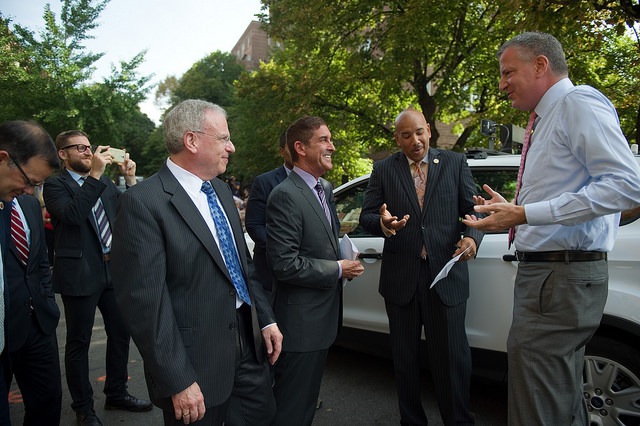 Sen. Klein, second from left, seen with Mayor de Blasio, Assemblyman Jeff Dinowitz and Borough President Ruben Diaz at a recent event. Klein's deep institutional support and hefty war chest have given his re-election bid an air of inevitability.