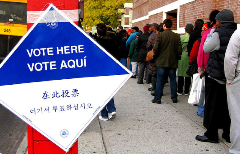 A line outside a voting site in Brooklyn in 2008. A more common site in city elections is poll workers with hardly anyone to serve.