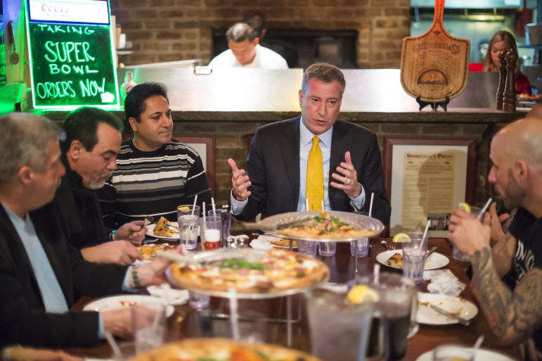 New York City Mayor Bill de Blasio dines at Goodfellas Pizza on Staten Island on Friday, January 10, 2014
