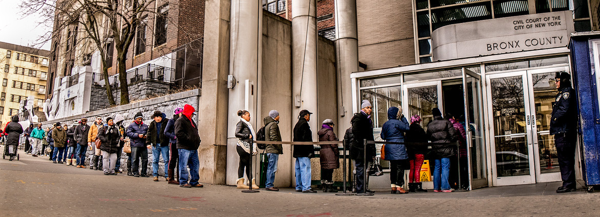 The line outside Bronx Housing Court on a typical morning.