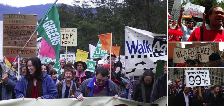 Greens march in Australia at left. At right, from top to bottom: Tenants rally, a January march in New York City and an image from Occupy. Each movement is different, but whether in Canarsie or Canberra, successful movements are about good organizing around a common set of goals.