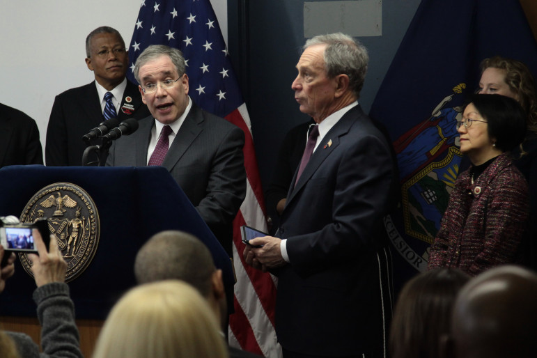 Then-Manhattan Borough President Scott Stringer, seen with Mayor Bloomberg in a 2013 photo. As comptroller, Stringer has advanced a transparency initiative that began during the Bloomberg years.