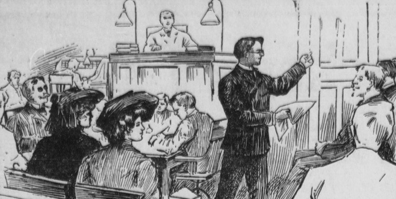 A courtroom sketch depicts a 1904 trial. Statistics indicate the racial makeup of attorneys in 2015 is still overwhelmingly white.