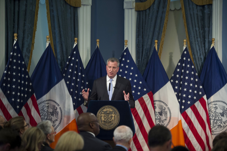 Mayor Bill de Blasio presents his Fiscal Year 2016 Executive Budget in the Blue Room at City Hall. 