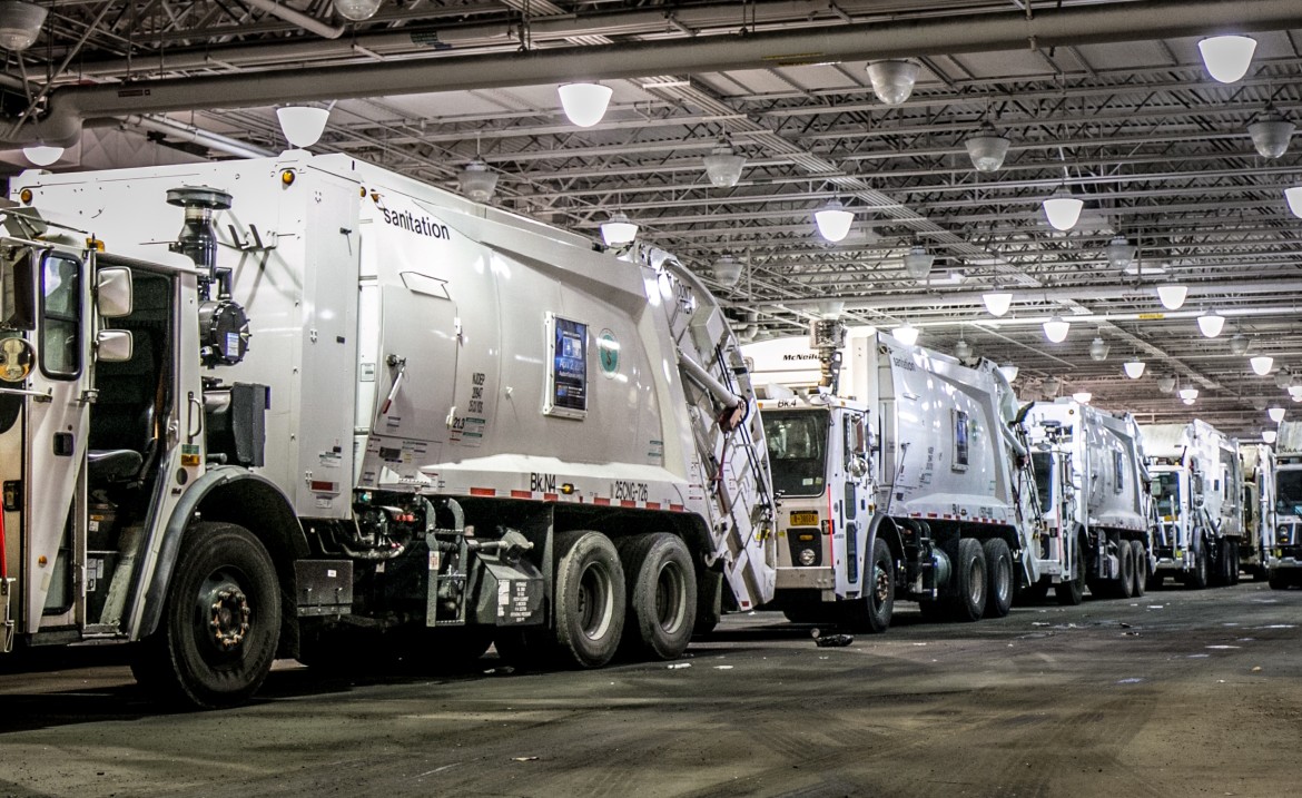 Sanitation trucks parked at a New York City of Department of Sanitation facility on Varick avenue in Brooklyn.