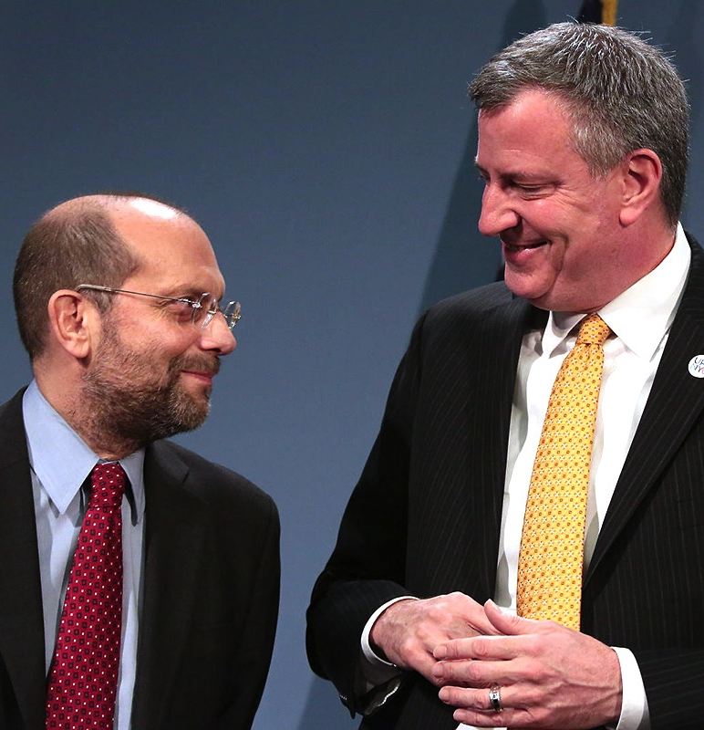 HRA Commissioner Banks and Mayor de Blasio. Banks says the city is taking a multifaceted approach to defending tenants.