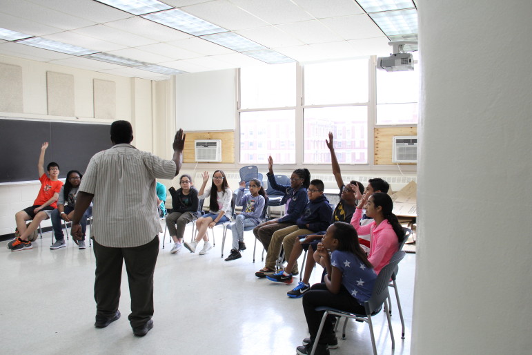 Middle-school students enrolled in the Science of Smart Cities summer program at the NYU Polytechnic School of Engineering participate in a drama workshop run by the Irondale Ensemble Company.