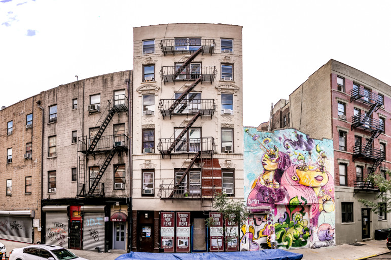 At left, 444 East 13th Street, where tenants say new owners unleashed spies and threatened deteriorating conditions in a ploy to get people to vacate. At right, a building sold in the same deal that will soon be transformed by a deal promoted by celebrity real-estate broker Ryan Serhant.
