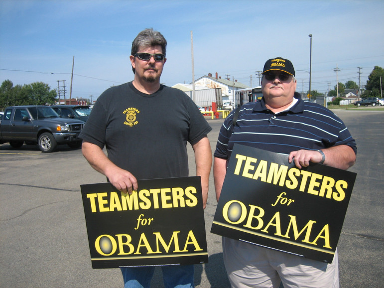Two Pennsylvania-based Teamsters officials campaign in 2008. Unions' ability to provide ground troops to candidates magnifies their power. But recent figures showing a mere 6.6 percent of workers are unionized suggest that labor's electoral power faces new, real limits.