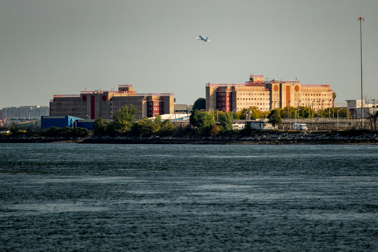 George R. Vierno Center on Rikers Island, seen from the Bronx.