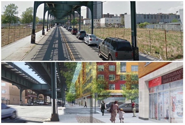 East New York now (top) and, at bottom,  the administration's vision of where it could go. Anyone want to meet at the Restaurant Bar & Cafe in 2019 or so?