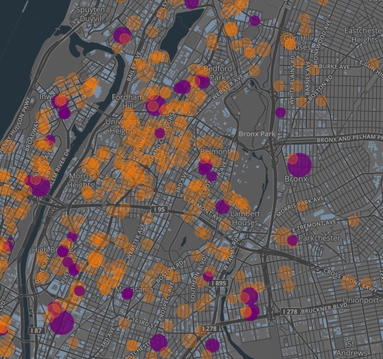 From the public advocate's landlord watchlist. The purple dots are the bad ones.