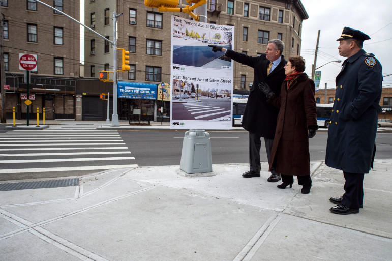 Mayor Bill de Blasio makes a Vision Zero-related announcement with DOT Commissioner Polly Trottenberg in the Bronx in  January, 2015.