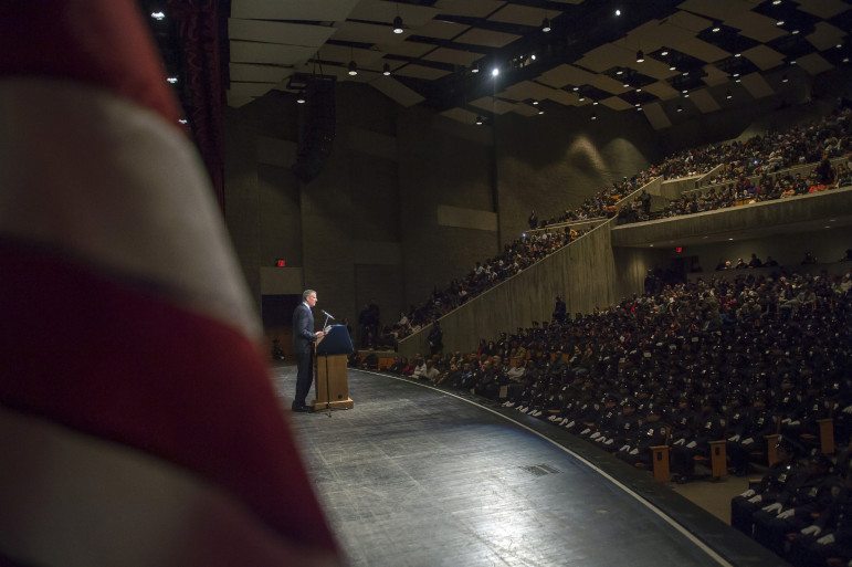 Mayor de Blasio at a Department of Correction graduation ceremony earlier this month.