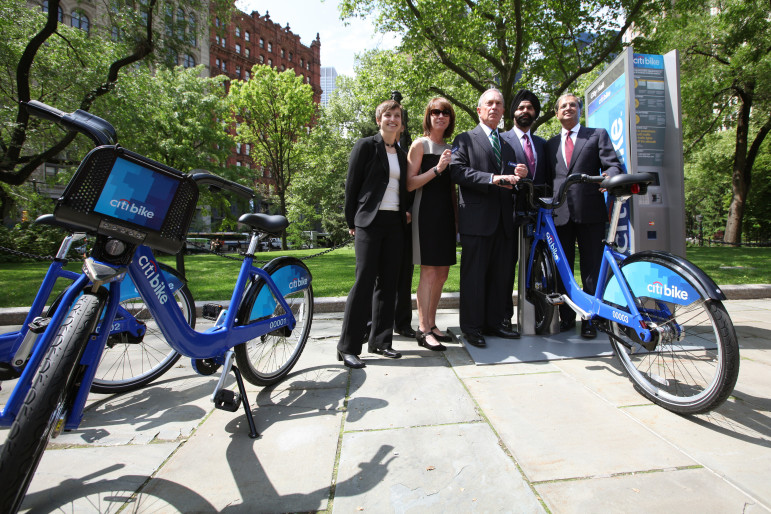 Mayor Bloomberg at an early Citi Bike promotional event. The question facing policymakers is whether investing in Citi Bike would have costs and benefits that make it favorable to pumping more money into existing transit offerings.