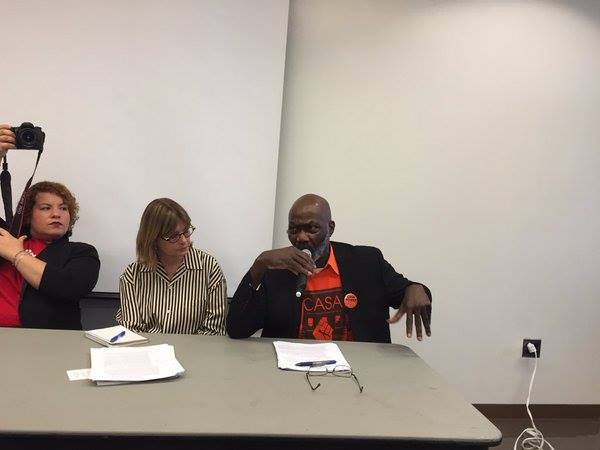 Photographer Rhynna Santos, HPD Commissioner Vicki Been and CASA tenant leader Fitzroy Christian at Sunday's panel.