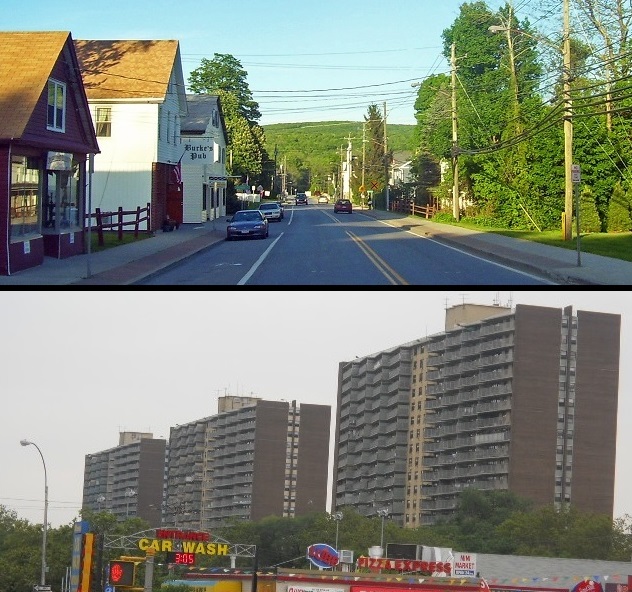 Two parts of the "area" from which the Area Median Income in New York City housing programs is derived: At top is Patterson, N.Y., in Putnam County. At bottom is East New York in Brooklyn.
