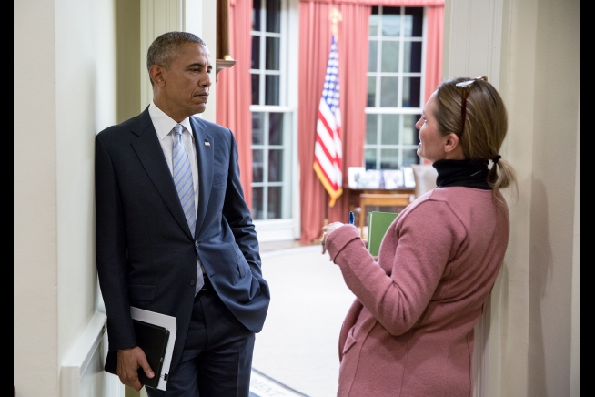 President Barack Obama talks with Senior Advisor Shailagh Murray in the Outer Oval Office earlier this month.