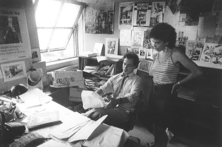 Tom Robbins and Annette Fuentes, City Limits' editing team in the early 1980s, in the magazine's offices.