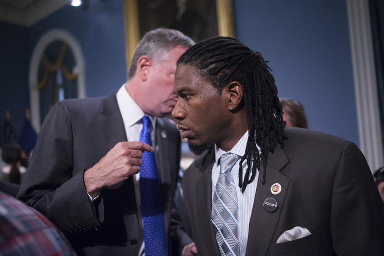 Councilman Jumaane Williams, one of only three members who voted no on either zoning proposal, seen with the mayor at a 2014 event.