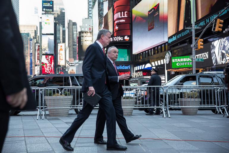 Commissioner Bratton and Mayor de Blasio on their way to meet reporters to discuss New York's precautions after the Belgium attacks.