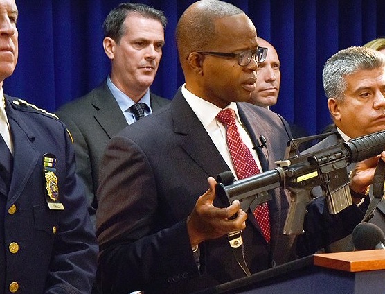 Brooklyn DA Thompson at an earlier event. Seized guns make for good press. But more mundane issues are hampering prosecutions in Brooklyn, he says.