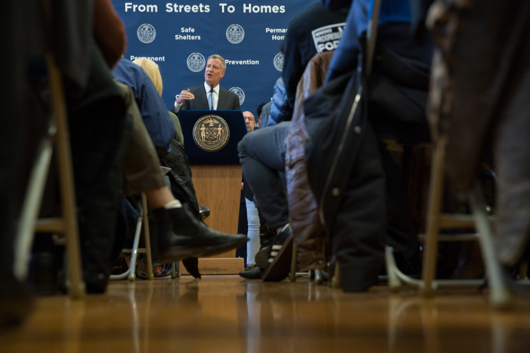 Mayor de Blasio announces his plan to restructure homeless services at a press conference in the Bronx on Monday, April 11. 