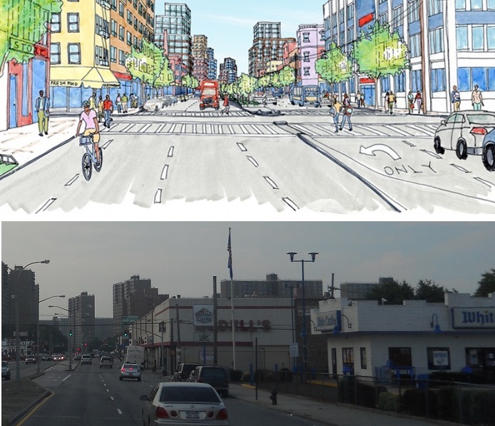 A City Planning rendering of the future East New York and a snapshot of today's Pennsylvania Avenue.