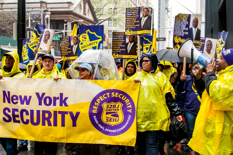 32BJ members at a rally early in the contract dispute. The union's presence in the industry is small but growing.