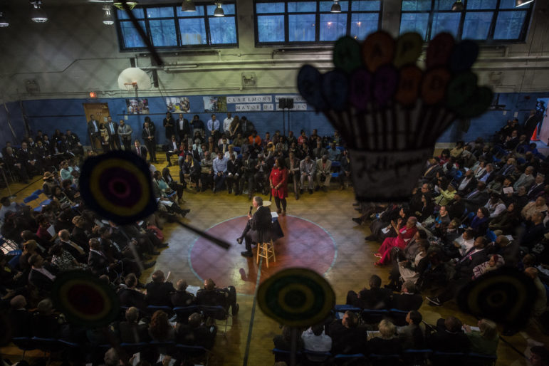 Mayor Bill de Blasio leads a town hall meeting with City Council Member Vanessa Gibson  in the Bronx earlier this month.