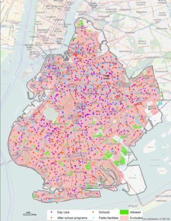 This dots on this map represent facilities that state law prohibits sex offenders from living near. The green areas represent the few areas in the borough that do not fall in one of the exclusion zones. Click on the image to see a larger version,