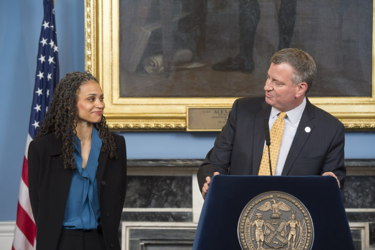 Mayor de Blasio seen in 2014 as he welcomed Maya Wiley, then his counsel and now head of the CCRB, to his administration. 